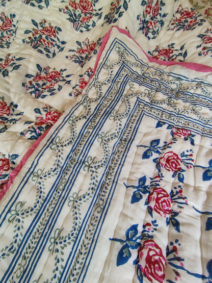 Red Roses Block Print Bedsheet & Quilt Set