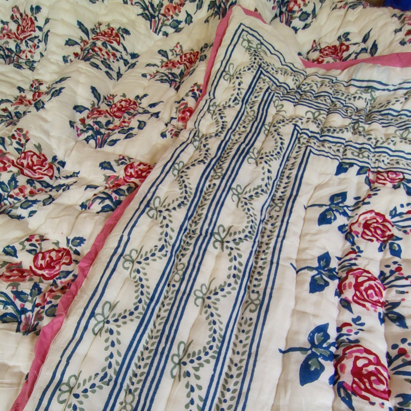 Red Roses Hand Block Reversible Double Bed Quilt