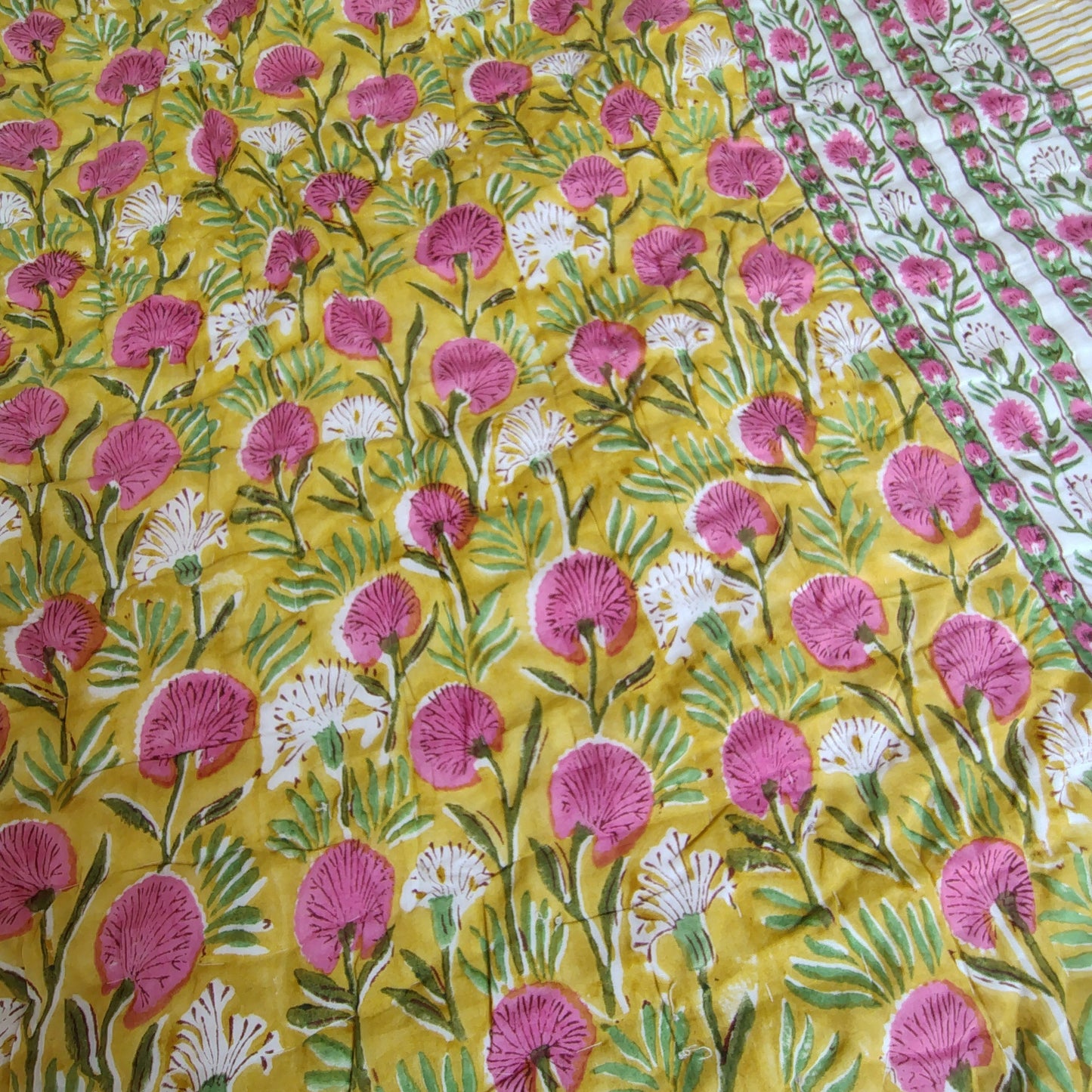 Pink Blossom Hand Block Reversible Double Bed Quilt
