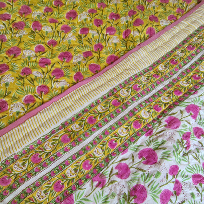 Pink Blossom Hand Block Reversible Double Bed Quilt