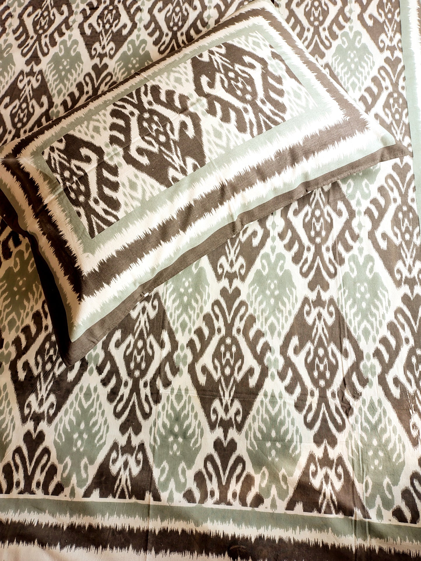 Grey Ikkat Traditional Printed Bedsheet with Two Reversible Pillow Covers