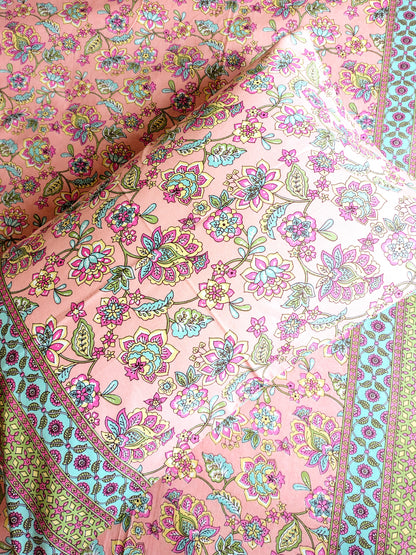 Pink Floral Jaal Traditional Printed Bedsheet with Two Reversible Pillow Covers