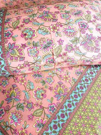 Pink Floral Jaal Traditional Printed Bedsheet with Two Reversible Pillow Covers