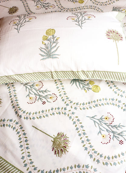 White Bush Traditional Printed Bedsheet with Two Reversible Pillow Covers