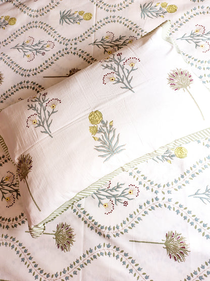 White Bush Traditional Printed Bedsheet with Two Reversible Pillow Covers