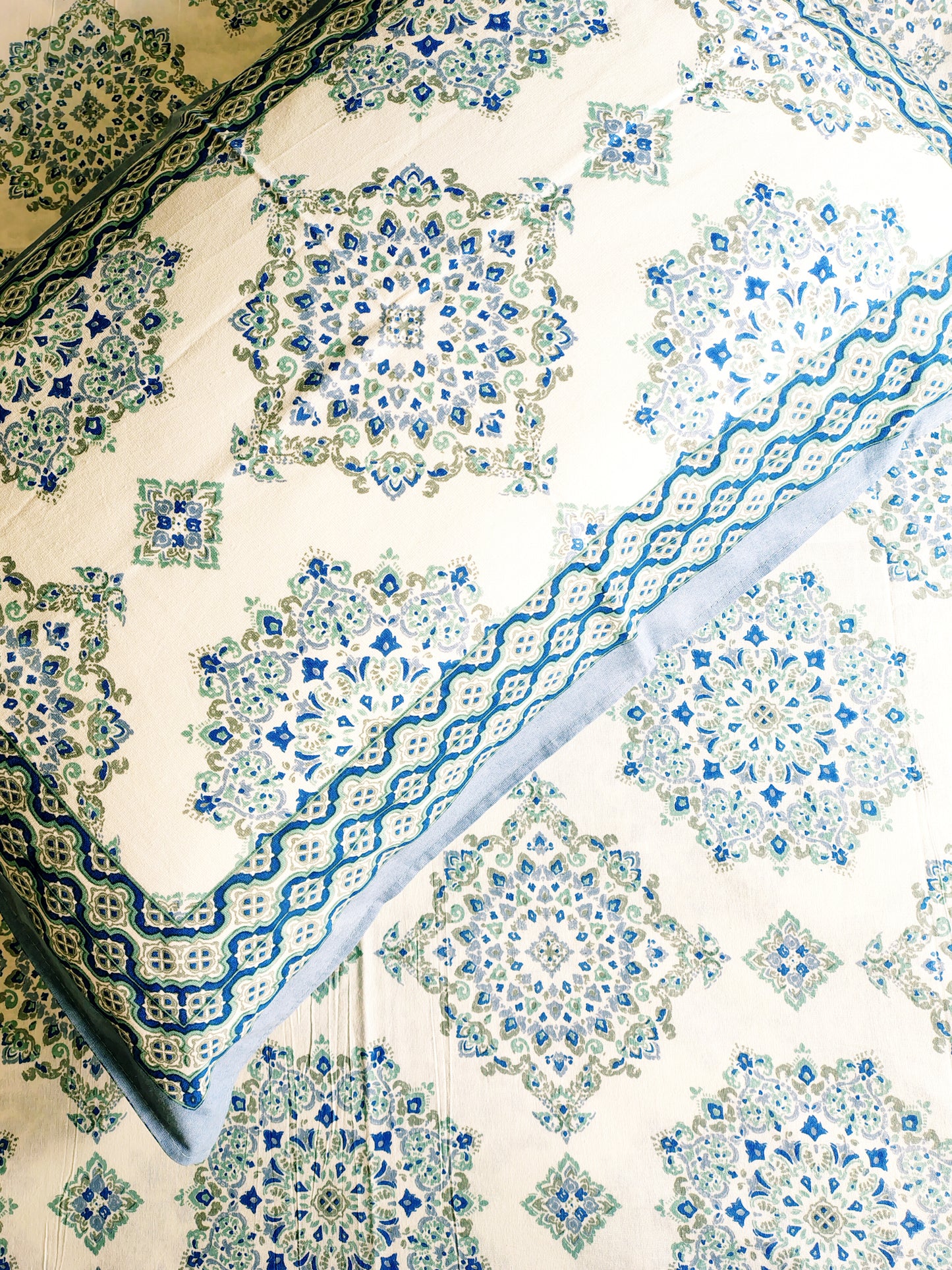 Blue Umbrella Traditional Printed Bedsheet with Two Reversible Pillow Covers