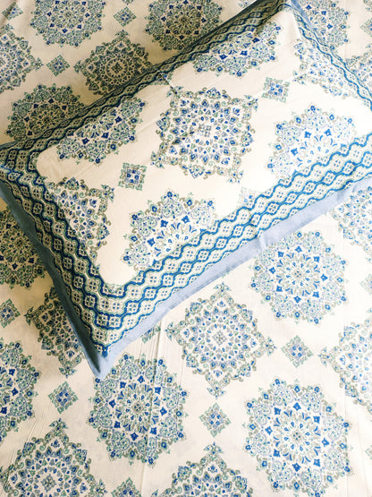 Blue Umbrella Traditional Printed Bedsheet with Two Reversible Pillow Covers
