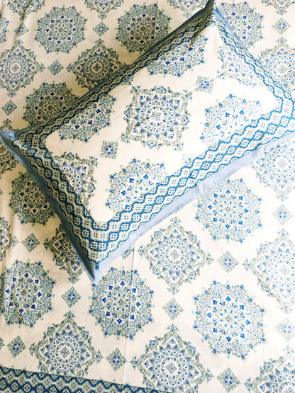 Blue Umbrella Traditional Printed Bedsheet with Two Reversible Pillow Covers