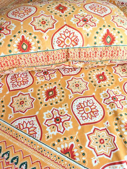 Yellow Geometric Traditional Printed Bedsheet with Two Reversible Pillow Covers