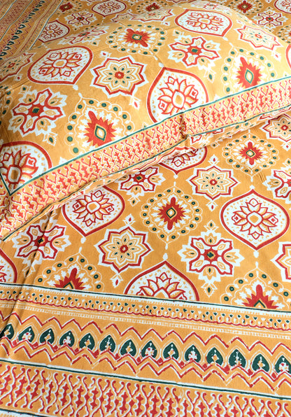 Yellow Geometric Traditional Printed Bedsheet with Two Reversible Pillow Covers