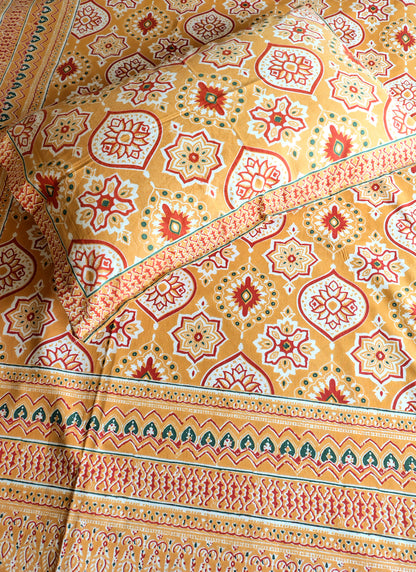 Yellow Geometric Traditional Printed Bedsheet with Two Reversible Pillow Covers