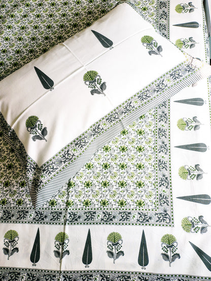 White Floral Jaal Traditional Printed Bedsheet with Two Reversible Pillow Covers