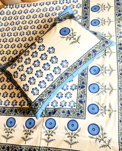 Blue Gold Traditional Printed Bedsheet with Two Reversible Pillow Covers