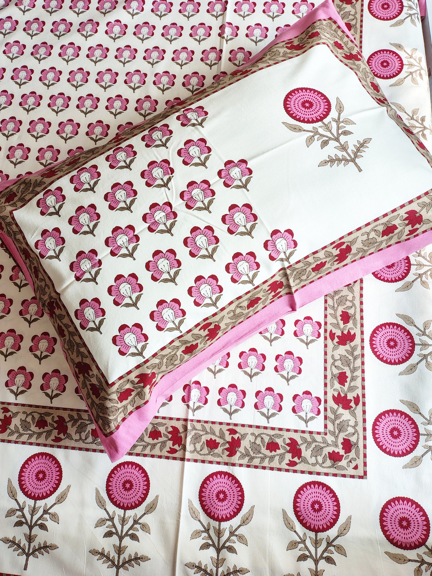 Pink Gold Traditional Printed Bedsheet with Two Reversible Pillow Covers