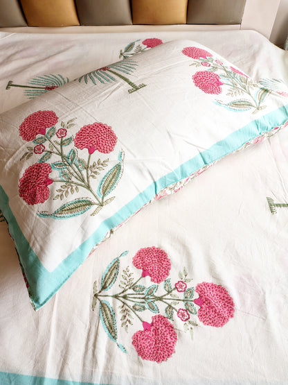 Pink Coco Traditional Printed Bedsheet with Two Reversible Pillow Covers