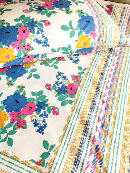 Blue Yellow Floral Traditional Printed Bedsheet with Two Reversible Pillow Covers