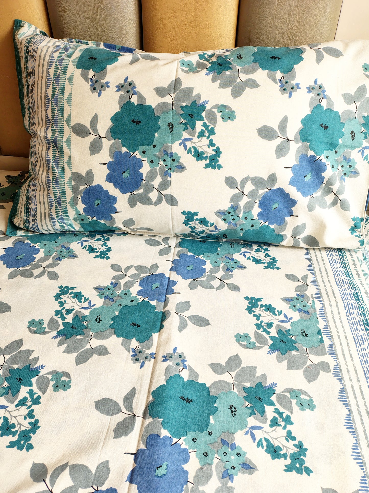 Sea Blue Floral Traditional Printed Bedsheet with Two Reversible Pillow Covers