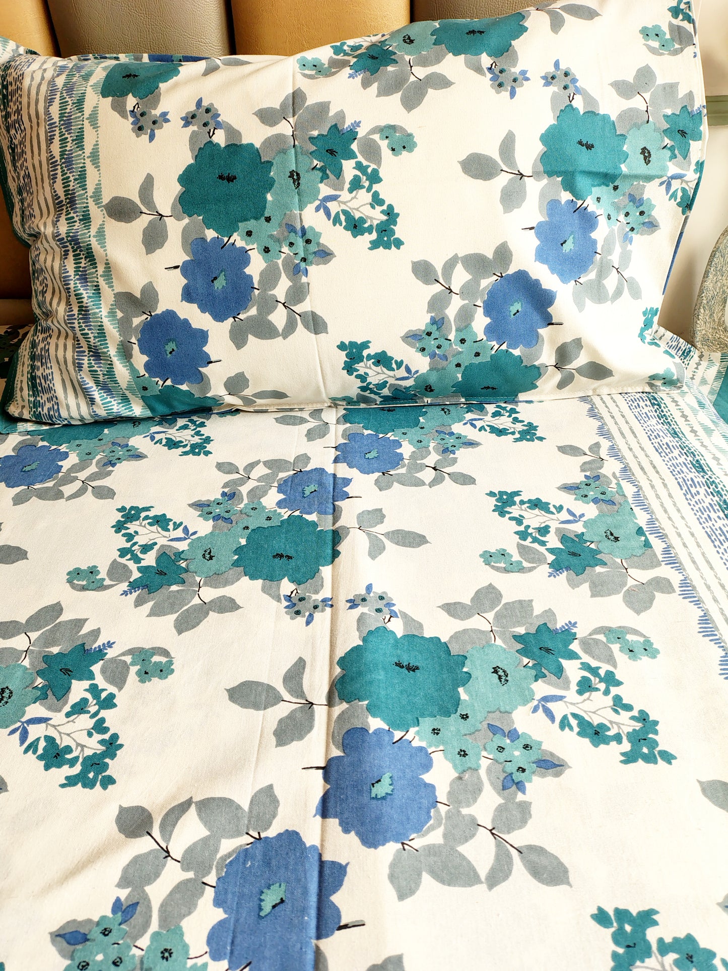 Sea Blue Floral Traditional Printed Bedsheet with Two Reversible Pillow Covers