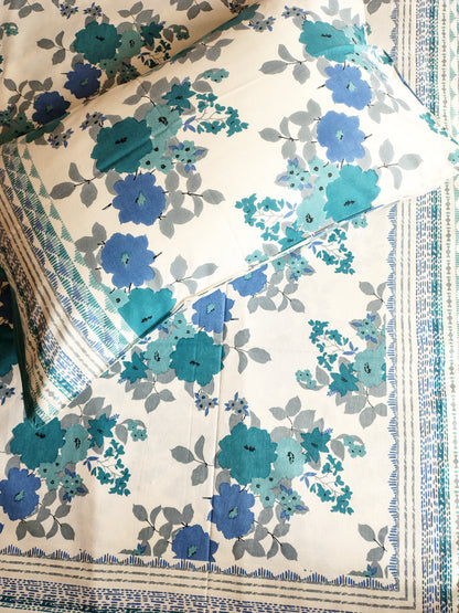 Sea Blue Floral Traditional Printed Bedsheet with Two Reversible Pillow Covers