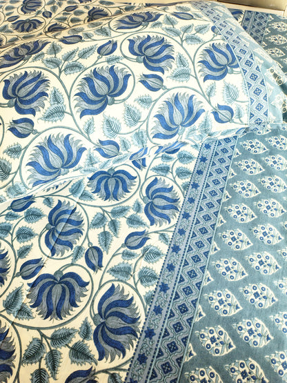 Blue Kamal Traditional Printed Bedsheet with Two Reversible Pillow Covers