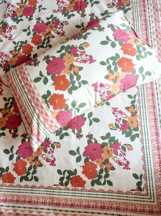 Red Floral Traditional Printed Bedsheet with Two Reversible Pillow Covers