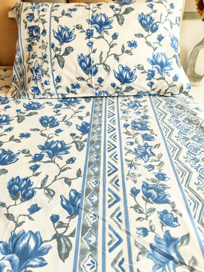 Blue Roses Traditional Printed Bedsheet with Two Reversible Pillow Covers