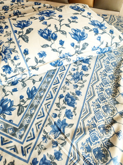 Blue Roses Traditional Printed Bedsheet with Two Reversible Pillow Covers