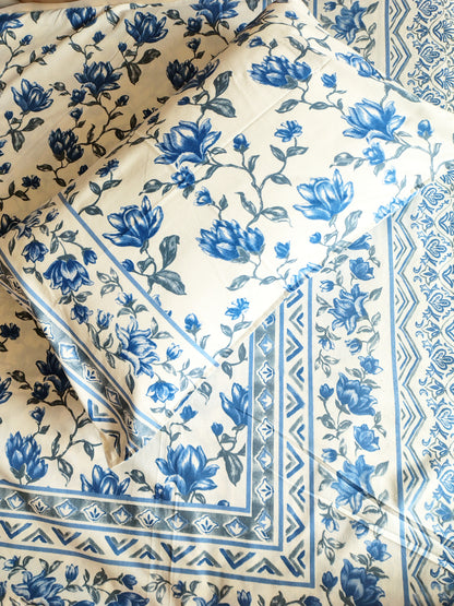 Blue Roses Traditional Printed Bedsheet with Two Reversible Pillow Covers