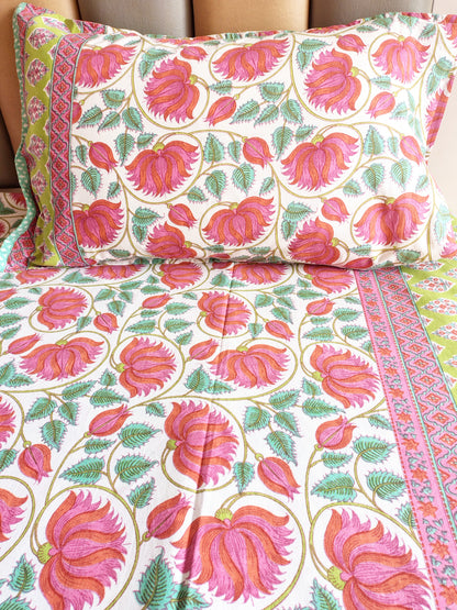 Gulabi Kamal Traditional Printed Bedsheet with Two Reversible Pillow Covers