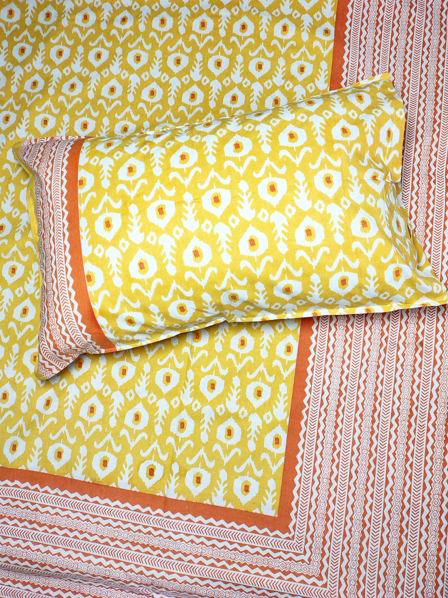 Blue Ikkat Traditional Printed Bedsheet with Two Reversible Pillow Covers