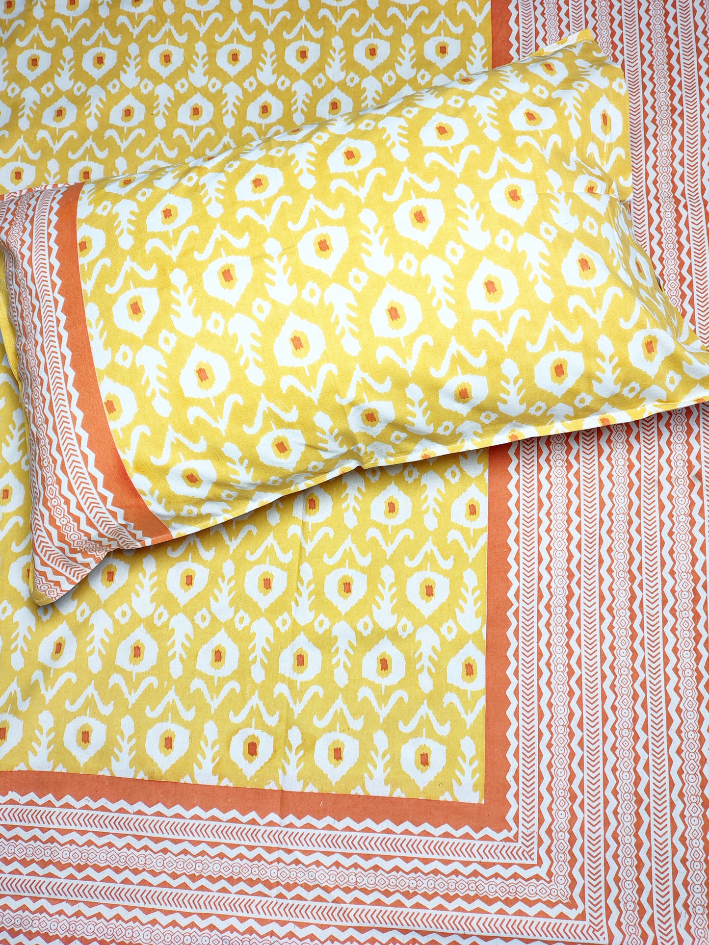 Blue Ikkat Traditional Printed Bedsheet with Two Reversible Pillow Covers