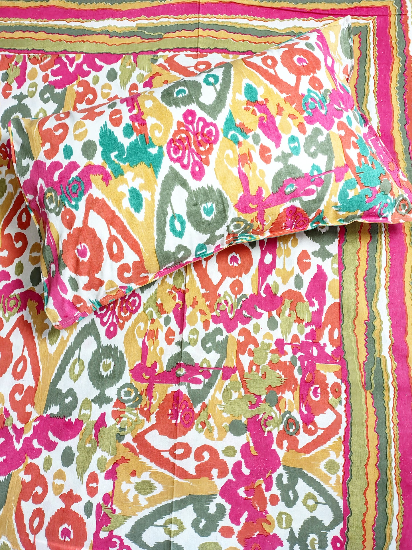 Multi Ikkat Traditional Printed Bedsheet with Two Reversible Pillow Covers