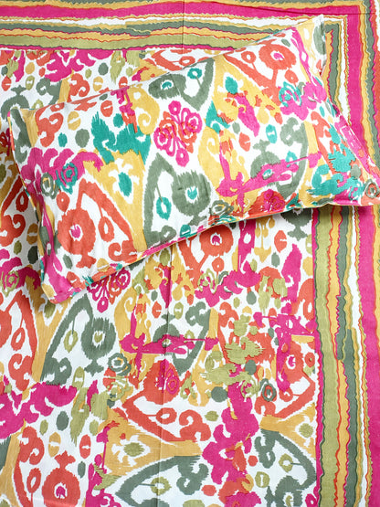 Multi Ikkat Traditional Printed Bedsheet with Two Reversible Pillow Covers