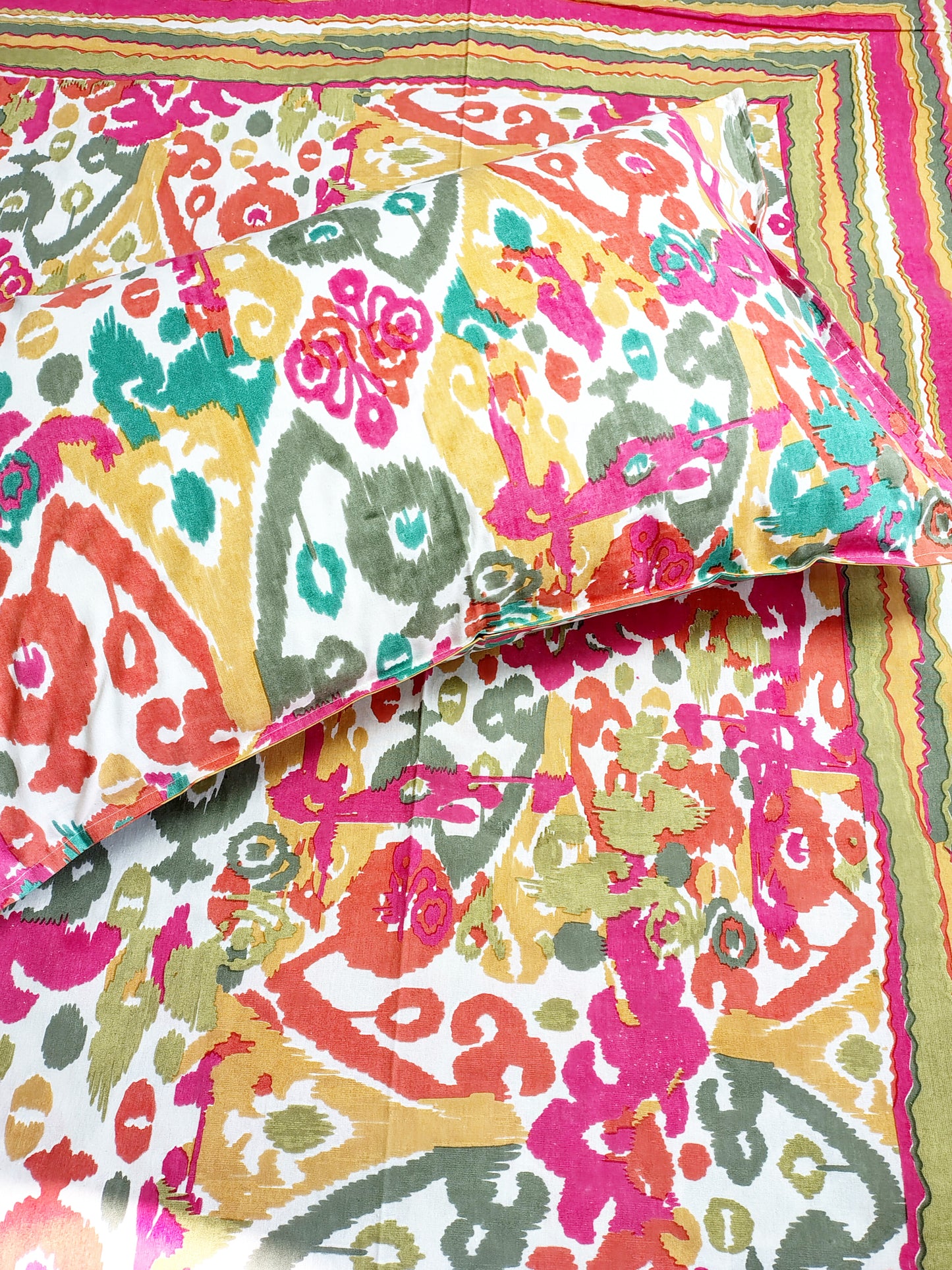Multi Ikkat Traditional Printed Bedsheet with Two Reversible Pillow Covers