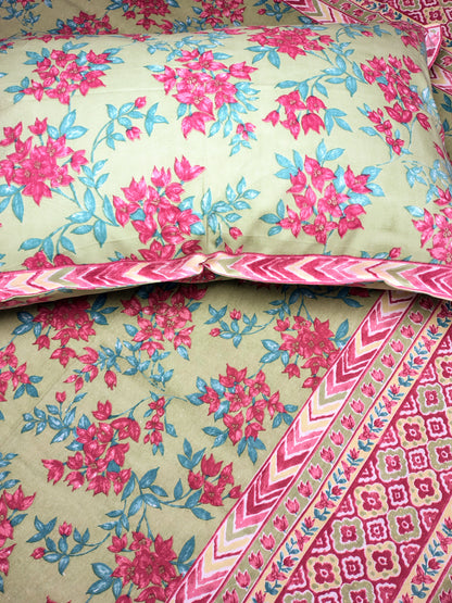 Pista Floral Traditional Printed Bedsheet with Two Reversible Pillow Covers