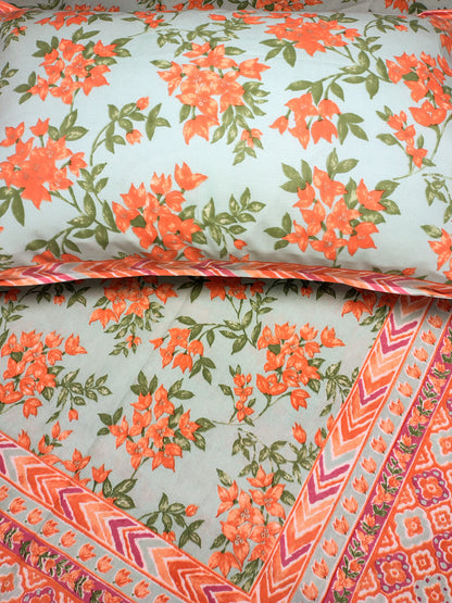 Orange Floral Traditional Printed Bedsheet with Two Reversible Pillow Covers
