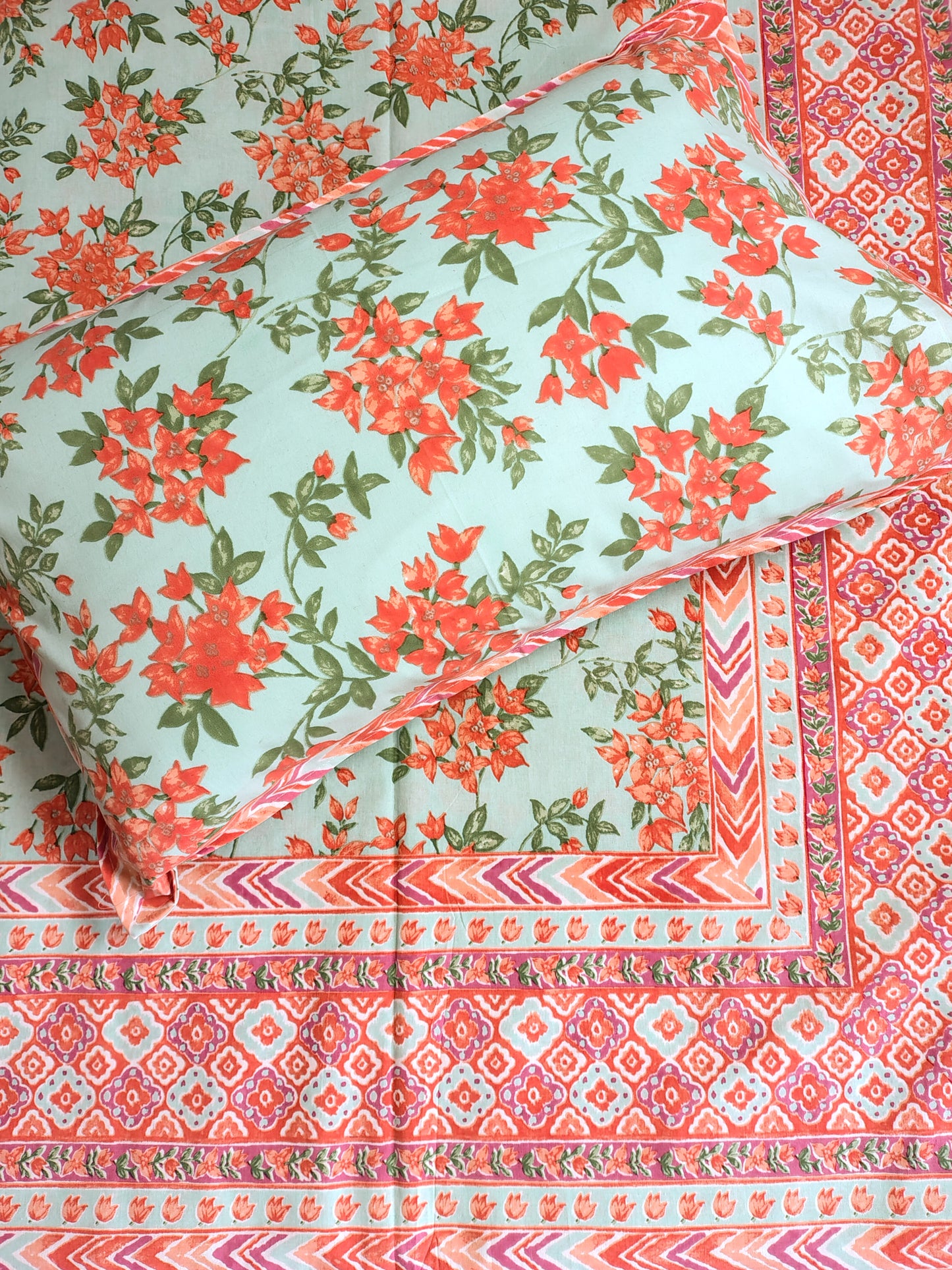 Orange Floral Traditional Printed Bedsheet with Two Reversible Pillow Covers