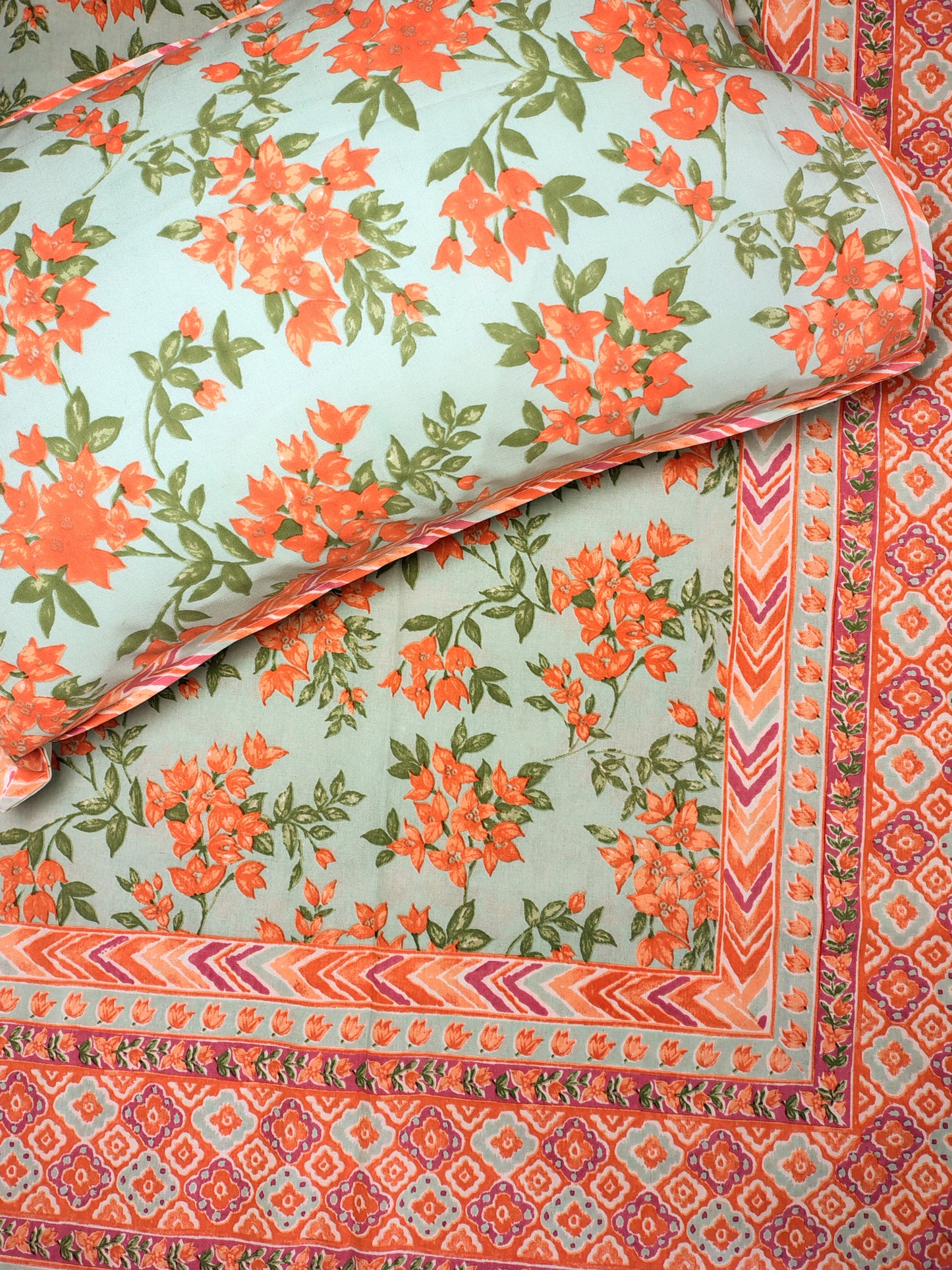 Orange Floral Traditional Printed Bedsheet with Two Reversible Pillow Covers