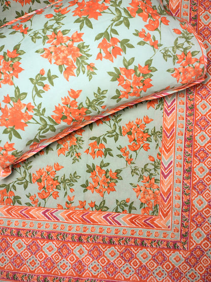 Orange Floral Traditional Printed Bedsheet with Two Reversible Pillow Covers