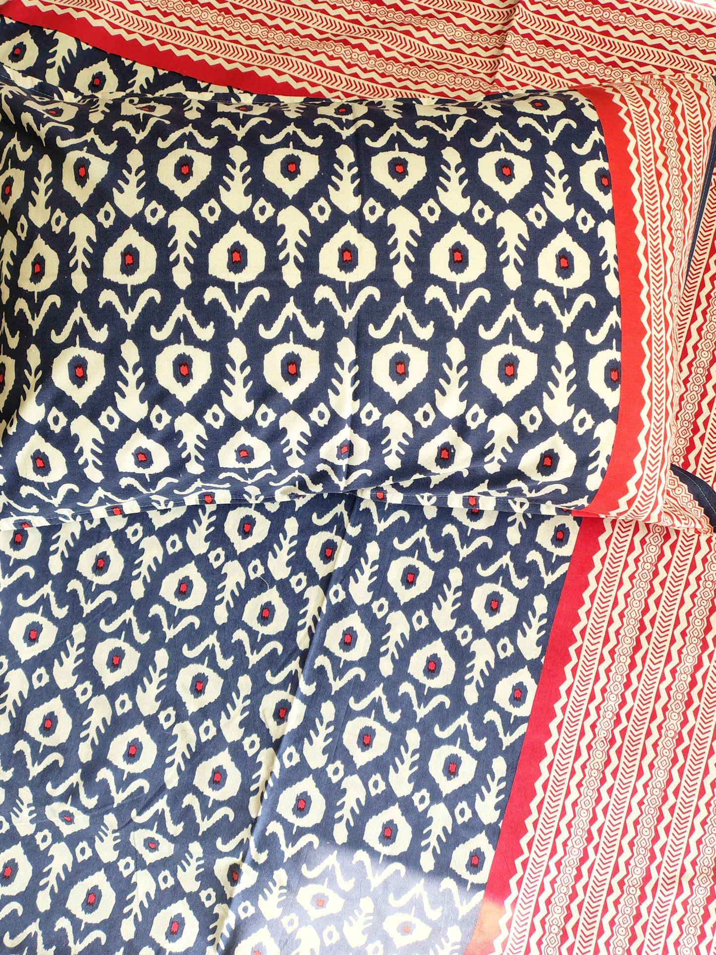 Blue Ikkat Traditional Printed Bedsheet with Two Reversible Pillow Covers