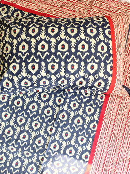 Blue Ikkat Traditional Printed Bedsheet with Two Reversible Pillow Covers