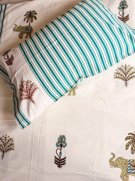 Brown Elephant Floral Traditional Printed Bedsheet with Two Reversible Pillow Covers
