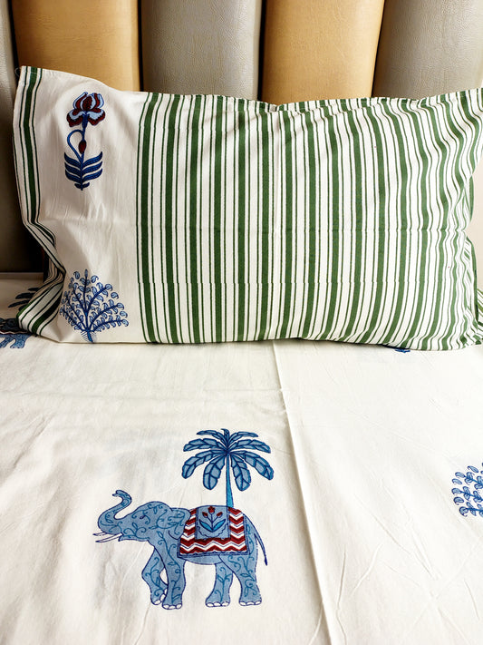 Blue Elephant Traditional Printed Bedsheet with Two Reversible Pillow Covers