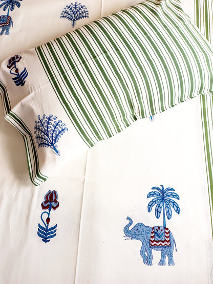 Blue Elephant Traditional Printed Bedsheet with Two Reversible Pillow Covers