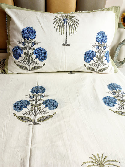 Blue Coco Traditional Printed Bedsheet with Two Reversible Pillow Covers