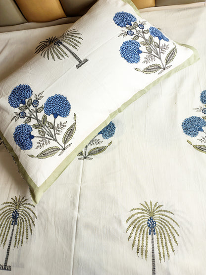 Blue Coco Traditional Printed Bedsheet with Two Reversible Pillow Covers