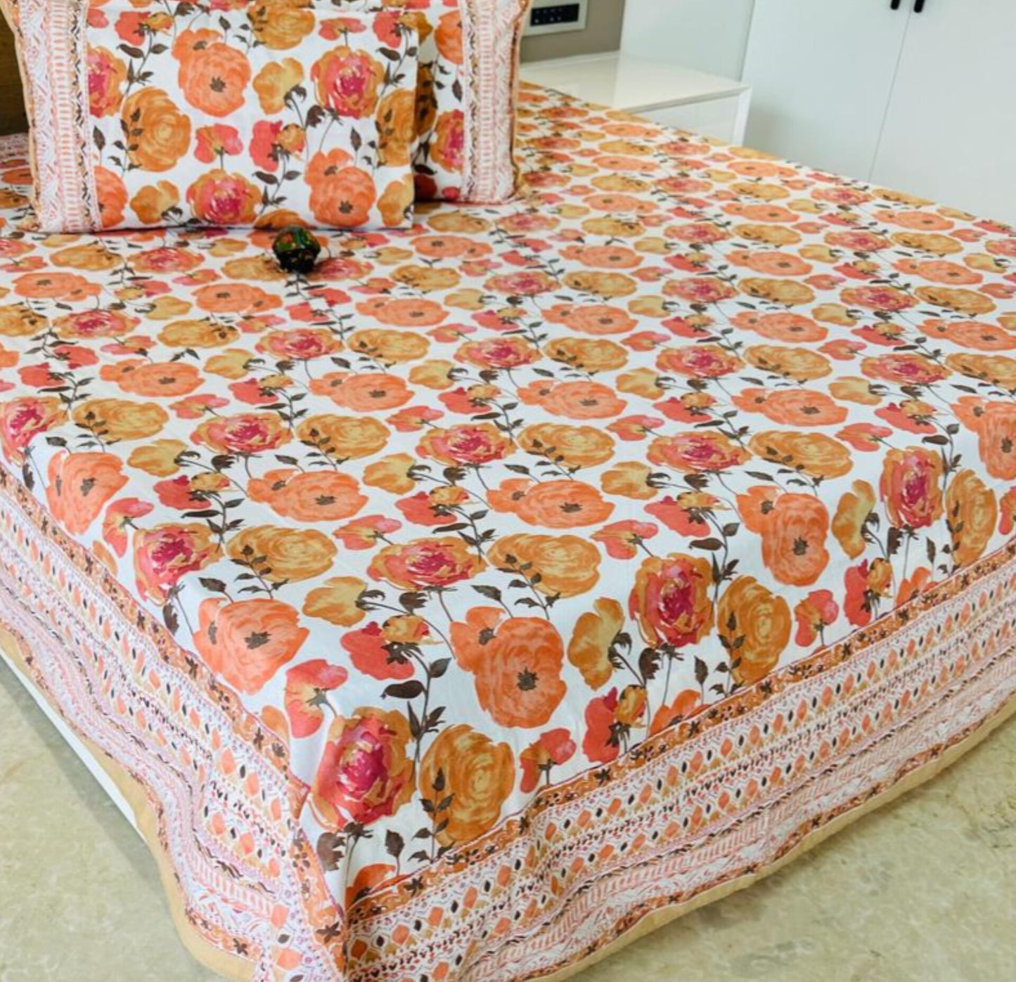 Orange Roses Traditional Printed Bedsheet with Two Reversible Pillow Covers