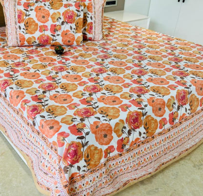 Orange Roses Traditional Printed Bedsheet with Two Reversible Pillow Covers