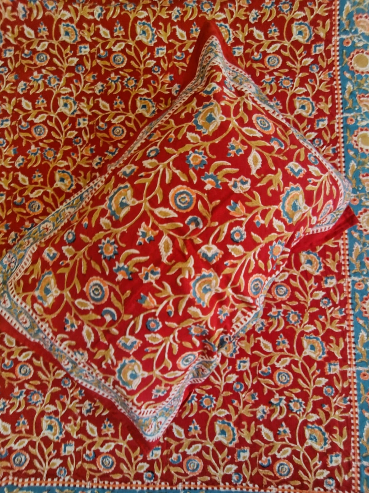 Begum Red Floral Block Print Bedsheet & Quilt Set