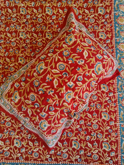 Begum Red Floral Block Print Bedsheet & Quilt Set